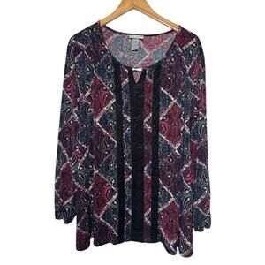 Catherines Plus Size Top Women 2XL 22/24 Black Red Lace Long Sleeve Silver Charm